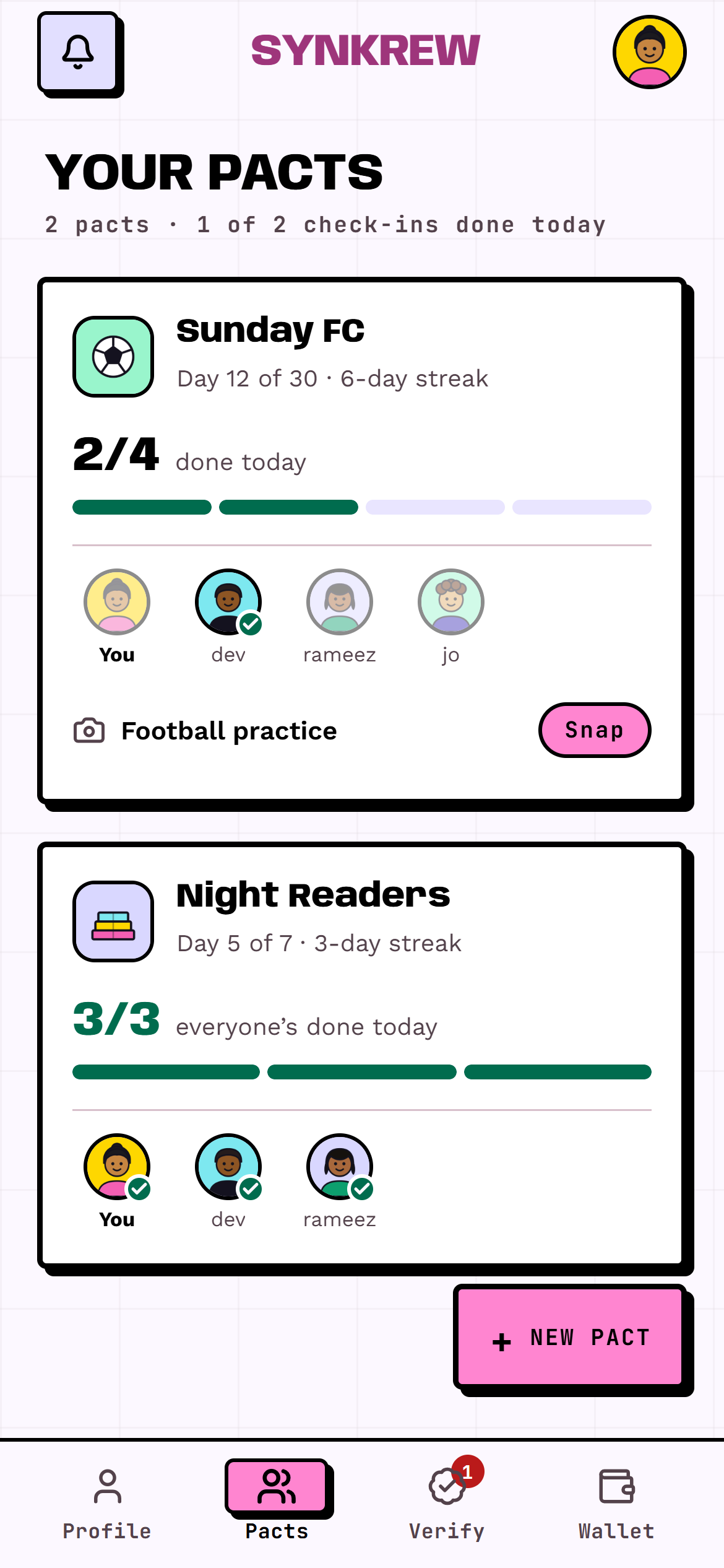 The SynKrew pacts screen: two pacts with today's progress and the squad.