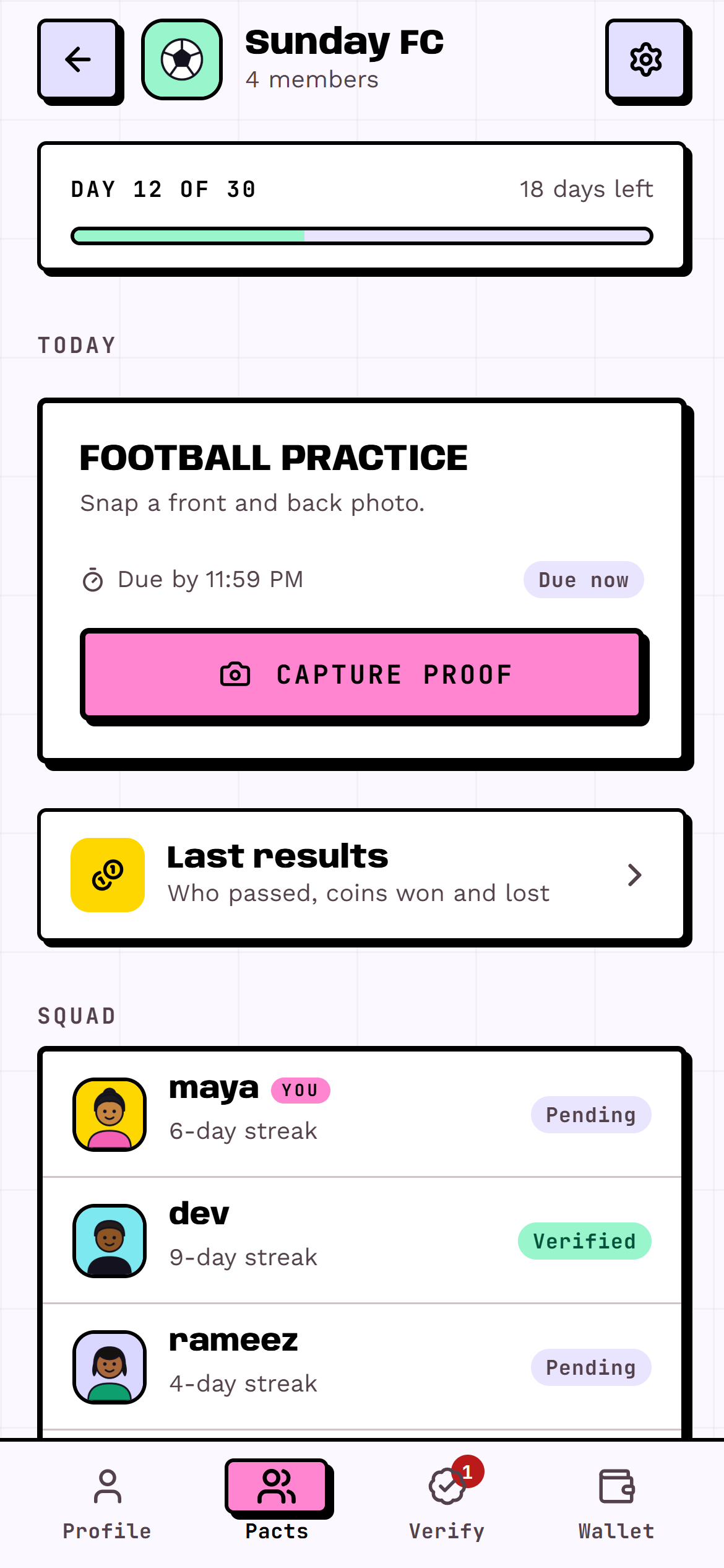 A pact page showing today's task and the squad's streaks.